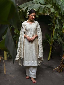 Karaj Jaipur - Women Chanderi Off White Kurta with Pant and Dupatta