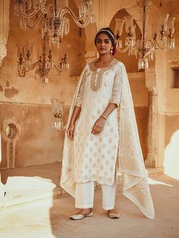 Karaj Jaipur - Women Kota Silk Off White Kurta with Pant and Dupatta