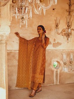 Karaj Jaipur - Women Chanderi Mustard Kurta with Pant and Dupatta