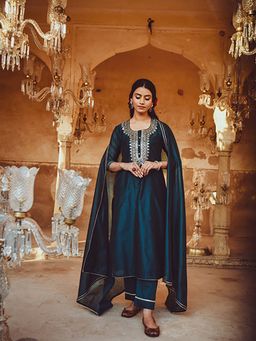 Karaj Jaipur - Women Chanderi Teal Kurta with Pant and Dupatta
