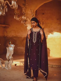 Karaj Jaipur - Women Chanderi Purple Kurta with Pant and Dupatta