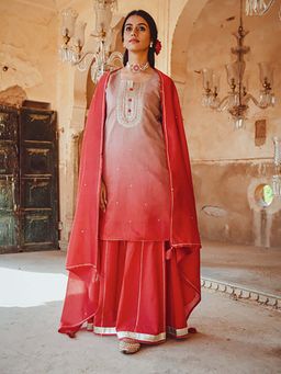 Karaj Jaipur - Women Chanderi Red Kurta with Sharara and Dupatta