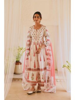 Karaj Jaipur - Women Cotton Off White Anarkali Kurta with Pant and Dupatta