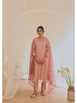 Karaj Jaipur - Women Cotton Pink Kurta with Pant and Dupatta