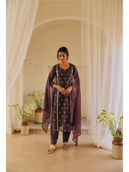 Karaj Jaipur - Women Chanderi Purple Kurta with Pant and Dupatta