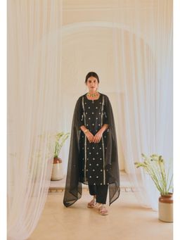 Karaj Jaipur - Women Chanderi Black Kurta with Pant and Dupatta