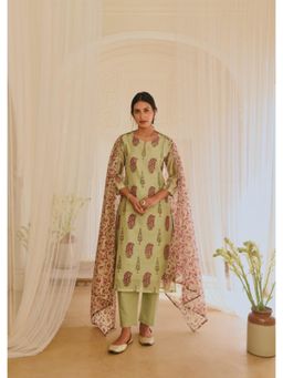 Karaj Jaipur - Women Chanderi Green Kurta with Pant and Dupatta