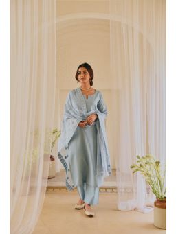 Karaj Jaipur - Women Cotton Blue Kurta with Pant and Dupatta