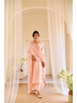 Karaj Jaipur - Women Cotton Peach Kurta with Pant and Dupatta