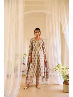 Karaj Jaipur - Women Cotton Green Kurta with Pant and Dupatta