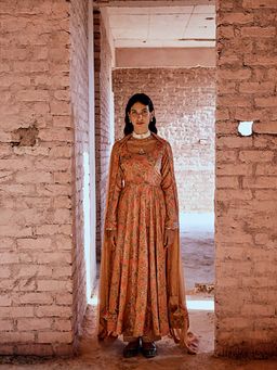 Karaj Jaipur - Women Silk Blend Peach Anarkali Kurta with Pant and Dupatta