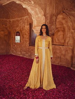 Karaj Jaipur - Women Muslin Yellow Anarkali Kurta with Pant and Belt