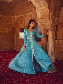 Karaj Jaipur - Women Muslin Blue Anarkali Kurta with Pant and Belt