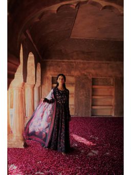 Karaj Jaipur - Women Chanderi Navy Blue Anarkali Kurta with Pant and Belt