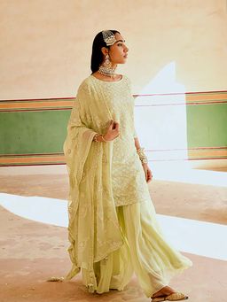 Karaj Jaipur - Women Georgette Green Kurta with Sharara and Dupatta