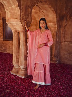 Karaj Jaipur - Women Cotton Pink Kurta with Sharara and Dupatta