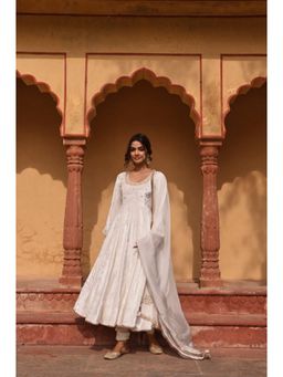 Karaj Jaipur - Women Velvet White Anarkali with Churidar and Dupatta