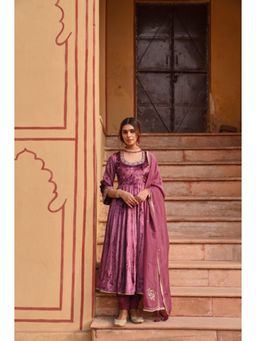 Karaj Jaipur - Women Velvet Wine Anarkali with Churidar and Dupatta