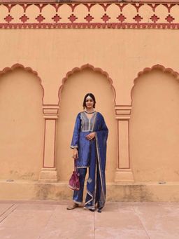 Karaj Jaipur - Women Velvet Blue Kurta with Pant and Dupatta