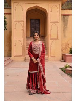 Karaj Jaipur - Women Velvet Red Kurta with Sharara and Dupatta