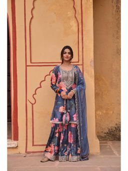 Karaj Jaipur - Women Velvet Blue Kurta with Sharara and Dupatta