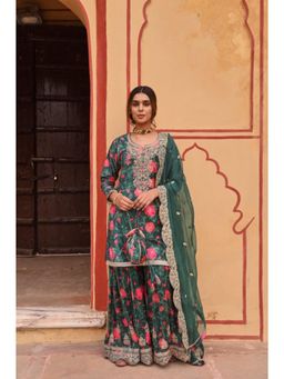 Karaj Jaipur - Women Velvet Green Kurta with Sharara and Dupatta