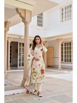 Karaj Jaipur - Women Cotton Cream Kurta with Pant and Dupatta