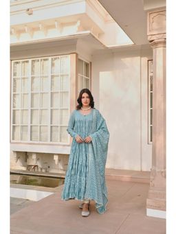 Karaj Jaipur - Women Mulmul Blue Anarkali with Churidar and Dupatta