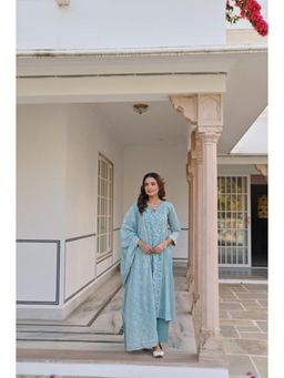 Karaj Jaipur - Women Cotton Blue Kurta with Pant and Dupatta