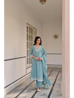 Karaj Jaipur - Women Cotton Blue Kurta with Pant and Dupatta