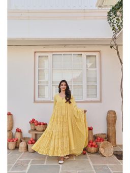 Karaj Jaipur - Women Cotton Yellow Anarkali with Churidar and Dupatta