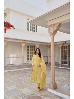 Karaj Jaipur - Women Cotton Yellow Kurta with Pant and Dupatta