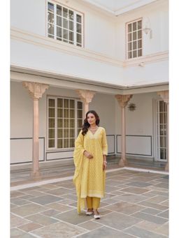 Karaj Jaipur - Women Cotton Yellow Kurta with Pant and Dupatta