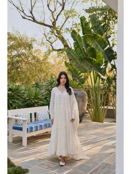 Karaj Jaipur - Women Cotton Cream Anarkali with Churidar and Dupatta