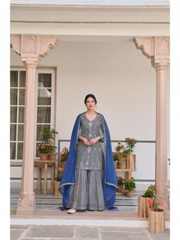 Karaj Jaipur - Women Chanderi Blue Kurta with Sharara and Dupatta
