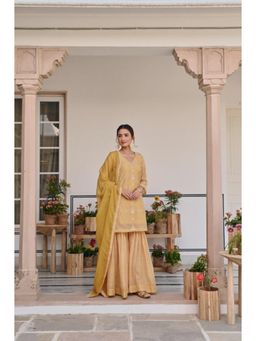 Karaj Jaipur - Women Chanderi Mustard Kurta with Sharara and Dupatta