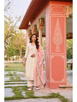 Karaj Jaipur - Women Chanderi Cream Kurta with Pant and Dupatta
