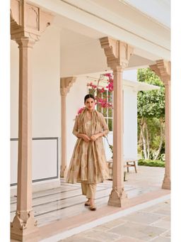 Karaj Jaipur - Women Chanderi Beige Kurta with Pant and Dupatta