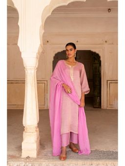 Karaj Jaipur - Women Chanderi Pink Kurta with Pant and Dupatta