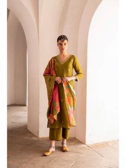 Karaj Jaipur - Women Tissue Olive Kurta with Pant and Dupatta