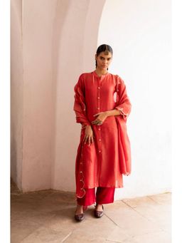 Karaj Jaipur - Women Tissue Red Kurta with Pant and Dupatta