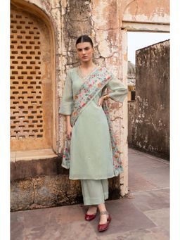 Karaj Jaipur - Women Tissue Green Kurta with Pant and Dupatta