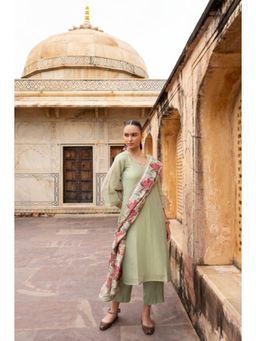 Karaj Jaipur - Women Tissue Green Kurta with Pant and Dupatta