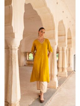 Karaj Jaipur - Women Silk Mustard Kurta with Pant