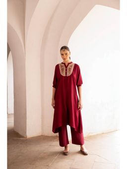 Karaj Jaipur - Women Silk Maroon Kurta with Pant