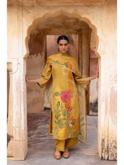 Karaj Jaipur - Women Organza Mustard Kurta with Pant and Dupatta