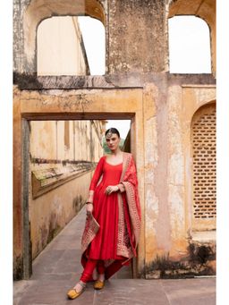 Karaj Jaipur - Women Silk Red Anarkali with Churidar and Dupatta