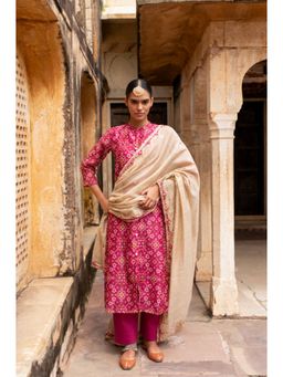 Karaj Jaipur - Women Chanderi Pink Kurta with Pant and Dupatta