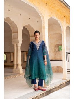 Karaj Jaipur - Women Chanderi Blue Kurta with Pant and Dupatta