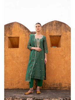 Karaj Jaipur - Women Chanderi Green Kurta with Pant and Dupatta